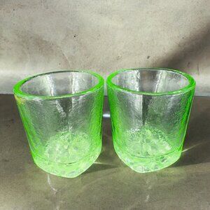 Fire & Light Green Recycled Glass Tumbler On the Rocks Square Signed Set 2‎